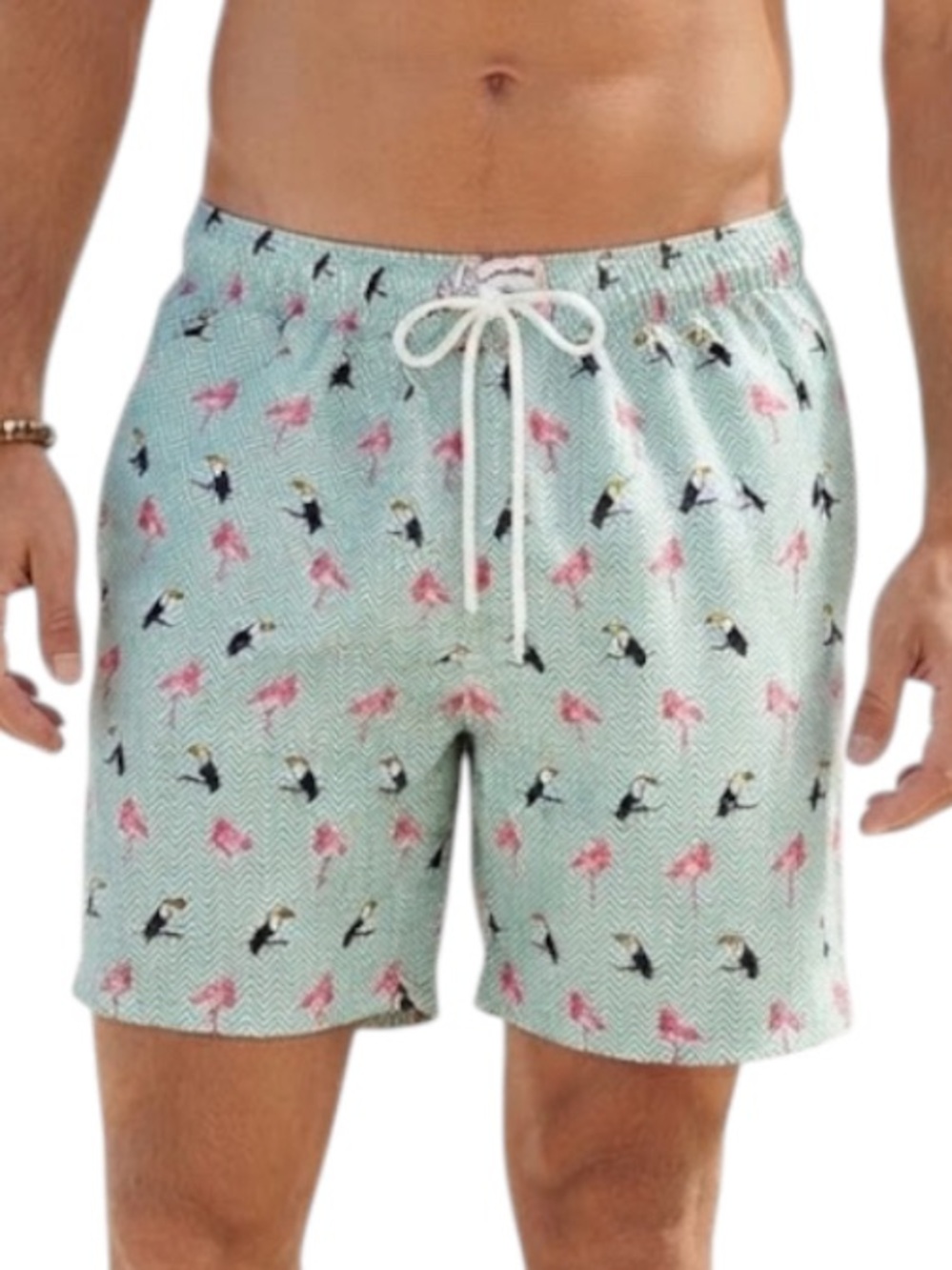 MOSMANN AUSTRALIA Tropical Flamingo Print Swim Trunks Shorts Green L Resortwear